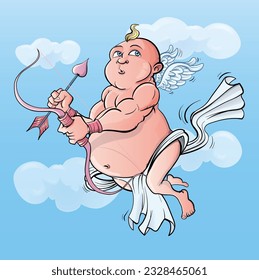 Cartoon cupid is preparing his arrow of love. Vector illustration