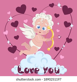 Cartoon cupid sitting on the clouds and shooting an arrow. Valentine's day and love symbol. Greeting card in pink color. Vector.