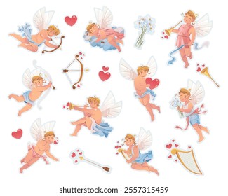 Cartoon cupids or amurs set. Vector isolated stickers or clip arts. Romantic icons of flying baby angels for Valentine's day. Holiday symbols of love and romance. Valentines. 14th of February.