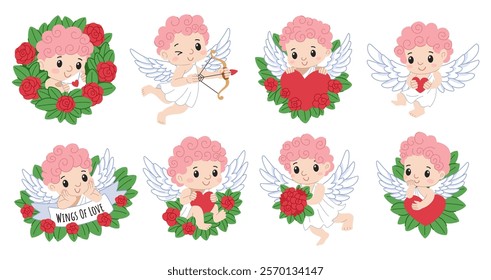 Cartoon cupids collection. Valentine s day characters. Cute angels with wings, flowers, hearts and love arrows.