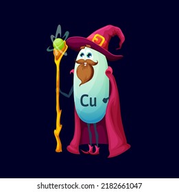 Cartoon cuprum or copper micronutrient mage character. Isolated bearded vector Cu wizard warlock nutrient capsule personage wear red witch hat and cloak holding staff. Funny supplement wiz personage