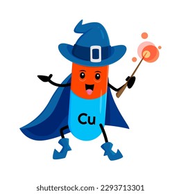 Cartoon cuprum or copper micronutrient mineral mage character. Isolated vector Cu wizard warlock nutrient capsule personage wear witch hat and cloak holding wand. Funny supplement sorcerer personage