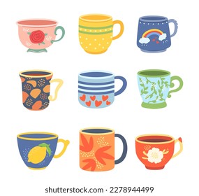 Cartoon cups. Colorful mugs for tea and coffee with different design. Kitchen teacup for hot drinks. Trendy crockery with flowers and leaves, rainbow, lemon and hearts isolated vector set