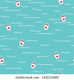 Cartoon cups of strawberry milkshake and waves on blue background. Milkshake pattern. Summer time