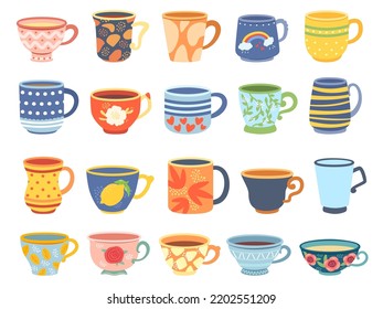 Cartoon cups. Vintage english teacup, coffee cup and kitchen mug. Tea ceremony vector Illustration set of cup porcelain tableware
