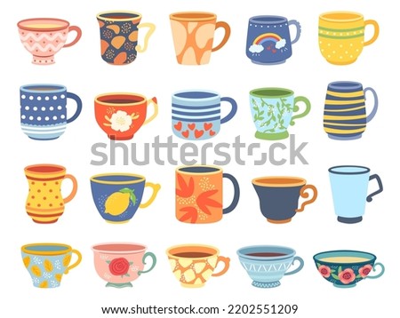 Cartoon cups. Vintage english teacup, coffee cup and kitchen mug. Tea ceremony vector Illustration set of cup porcelain tableware