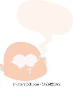 cartoon curious bald man with speech bubble in retro style