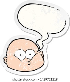 cartoon curious bald man with speech bubble distressed distressed old sticker
