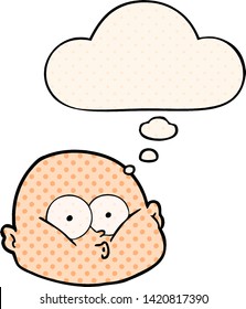 cartoon curious bald man with thought bubble in comic book style