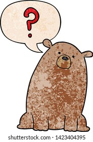 cartoon curious bear with speech bubble in retro texture style