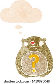 cartoon curious bear with thought bubble in grunge distressed retro textured style