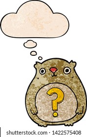 cartoon curious bear with thought bubble in grunge texture style