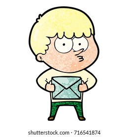 cartoon curious boy carrying a gift