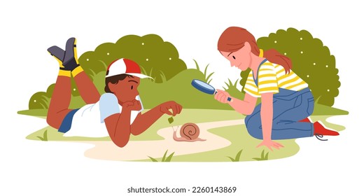 Cartoon curious boy with green leaf, girl holding magnifier to watch snail, observe world in outdoor adventure. Kids explore nature with magnifying glass in summer garden or park vector illustration