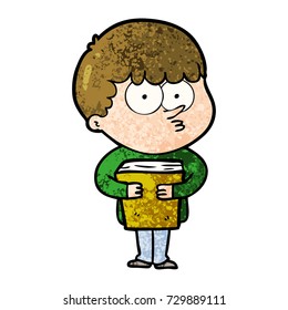 cartoon curious boy holding a book