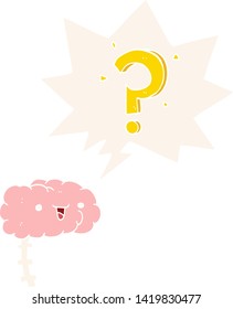 caricatura cerebro curioso con burbuja del habla en estilo retro