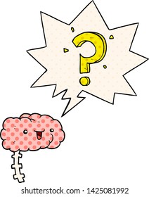 cartoon curious brain with speech bubble in comic book style