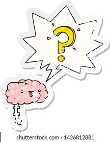 cartoon curious brain with speech bubble distressed distressed old sticker