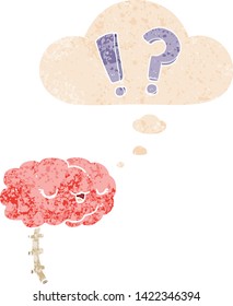 cartoon curious brain with thought bubble in grunge distressed retro textured style