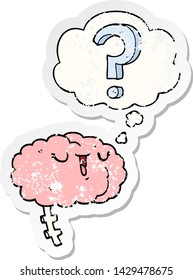 cerebro curioso de dibujos animados con burbuja de pensamiento como pegatina gastada angustiada