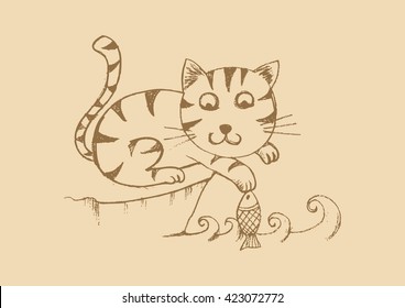 Cartoon curious cat with fish
