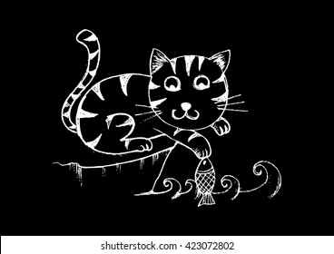 Cartoon curious cat with fish
