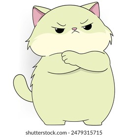 Cartoon of a curious cat with a grumpy expression and crossed arms. Ideal for humorous and animal-themed designs.