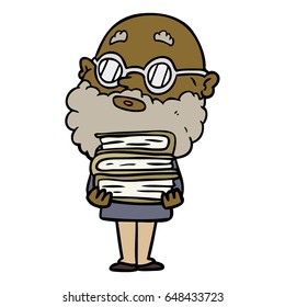 cartoon curious man with beard and glasses holding stack of books