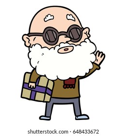 cartoon curious man with beard sunglasses and present