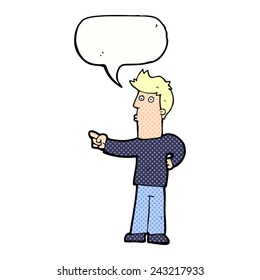 cartoon curious man pointing with speech bubble