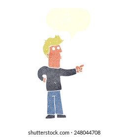 cartoon curious man pointing with speech bubble