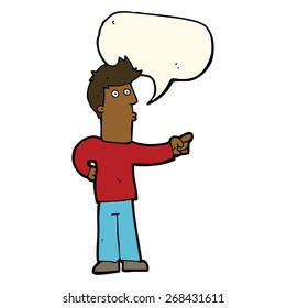 caricatura de un hombre curioso señalando con burbuja de habla