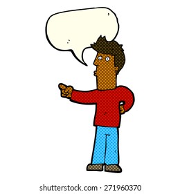 cartoon curious man pointing with speech bubble
