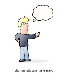 cartoon curious man pointing with thought bubble