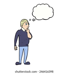 cartoon curious man with thought bubble