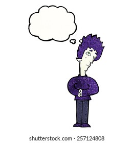 cartoon curious vampire with thought bubble