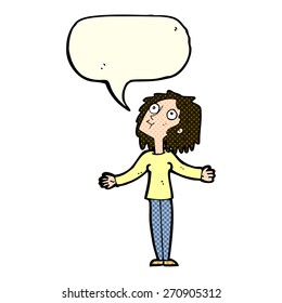 cartoon curious woman looking upwards with speech bubble