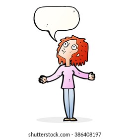 cartoon curious woman looking upwards with speech bubble