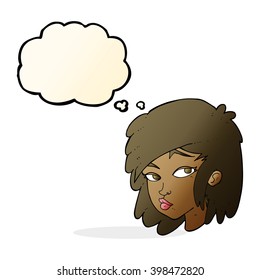 cartoon curious woman with thought bubble