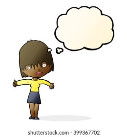 cartoon curious woman with thought bubble
