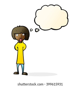 cartoon curious woman with thought bubble