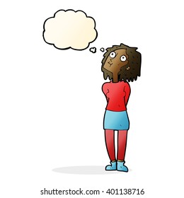 cartoon curious woman with thought bubble