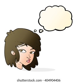 cartoon curious woman with thought bubble