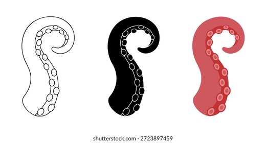 Tentáculos de calamar rizado de dibujos animados con ventosas. Brazos de pulpo para temas de ilustración submarina, náutica, de fantasía, de monstruos y marina