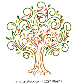 Cartoon curly apple tree isolated on white background. Vector illustration. 