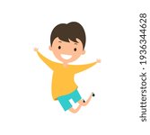 Cartoon curly boy with dark hair jumping. Joyful child isolated on white background. Happy boy in yellow t-shirt and blue shorts