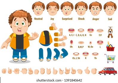 Cartoon curly redheaded man constructor for animation. Parts of body: legs, arms, face emotions, hands gestures, lips sync. Full length, front, three quater view. Set of ready to use poses, objects.