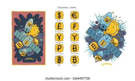 Cartoon currency icons in space