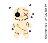 Cartoon Cursed doll. Voodoo doll with needles. Halloween decor. A magical tool for sorcery. Flat illustration on white background.