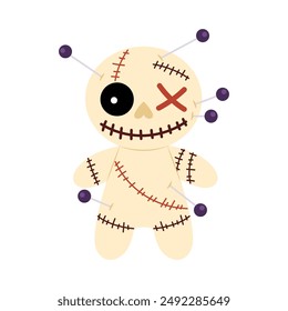 Cartoon Cursed doll. Voodoo doll with needles. Halloween decor. A magical tool for sorcery. Flat illustration on white background.